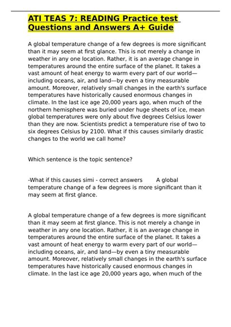 ATI TEAS 7: READING Practice test Questions and Answers A+ Guide - ATI ...