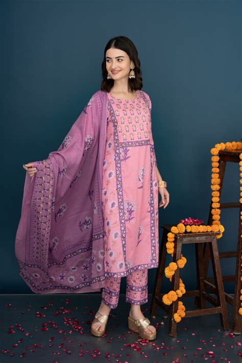 Shop Pink Pure Cotton Kurta Set With Dupatta for Women Online
