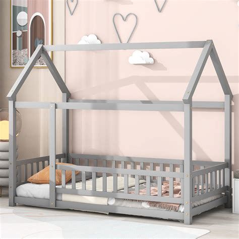 Ophelia & Co. Grey Twin Floor Bed With Pine House Roof Frame And Fence ...