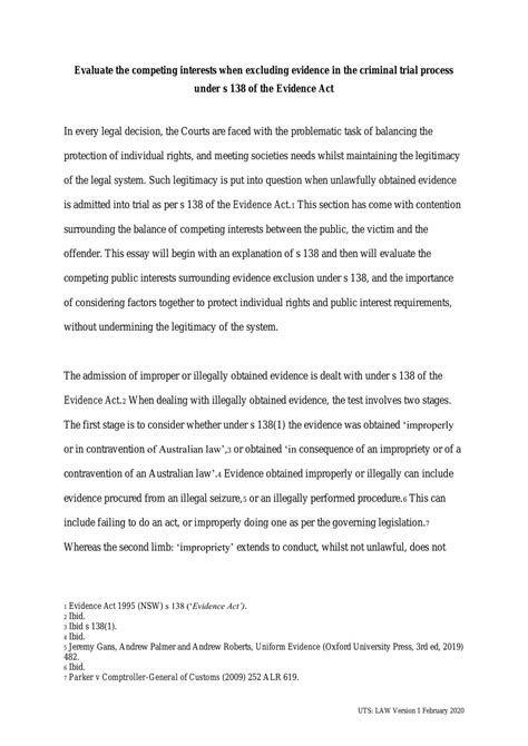 Evidence Essay | 70109 - Evidence - UTS | Thinkswap