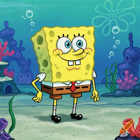 SpongeBob SquarePants stands smiling on the ocean floor. on Craiyon