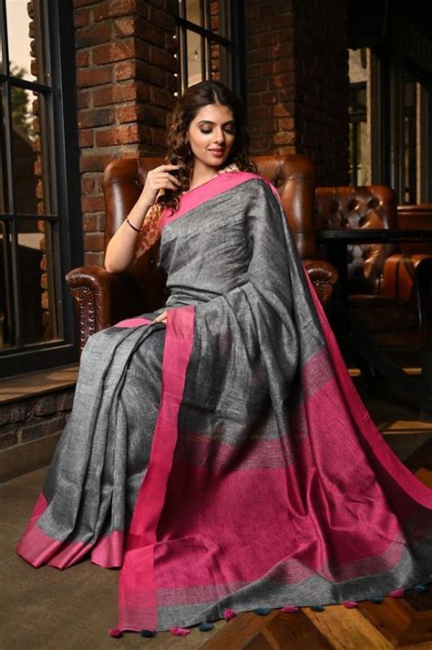 Magnetic Women's dark Grey Color Pure Linen Saree With Blouse Piece ...