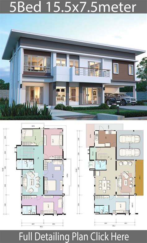House design plan 15.5x7.5m with 5 bedrooms - Home Design with ...