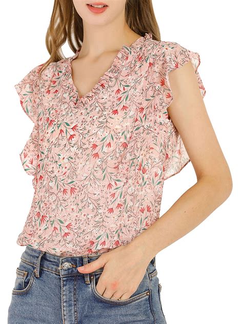 Allegra K - Allegra K Women's Ruffle Blouse Floral Casual V Neck Cap ...