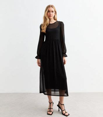 Black Mesh Long Sleeve Midi Smock Dress | New Look