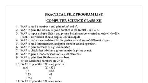 Program List for Class-XII CS: Practical File Tasks - Studocu
