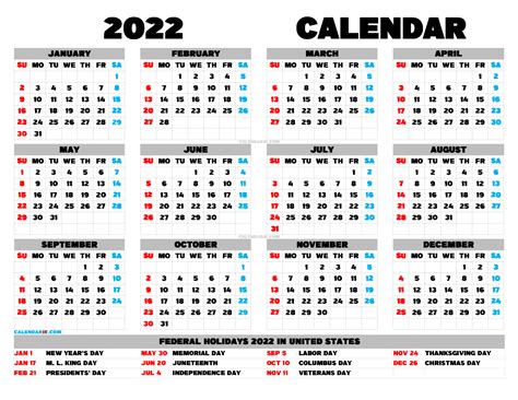 2022 Year Calendar Printable Free PDF