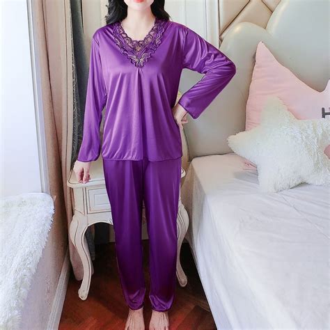 Xysaqa Women's Plus Size Satin Pajama Sets Lace V Neck Sleepwear Long ...