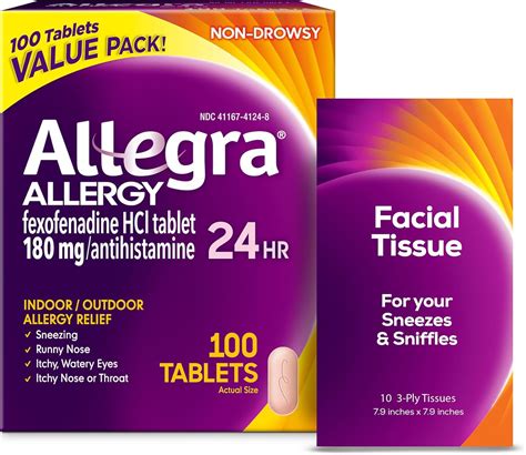 Amazon.com: Allegra Adult 24-Hour Allergy Relief Tablets with Bonus Tissue Pack, Non-Drowsy ...