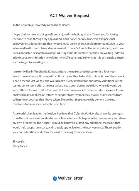 ACT Fee Waiver Letter for College Students