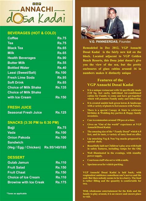 Menu at VGP Annachi Dosa Kadai, Chennai, G P Golden Beach Resort SH 49