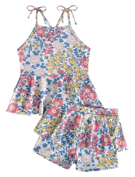 OBEEII Little Girls Swimsuits 2 Pcs Set Cute Floral Swimwear Adjustable ...