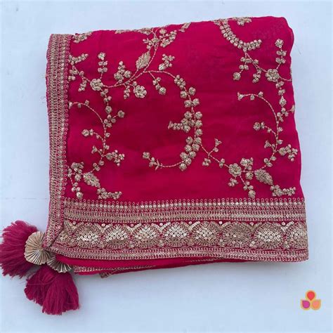 Pink Regal Zari Embroidered Chinnon Dupatta – anokherang