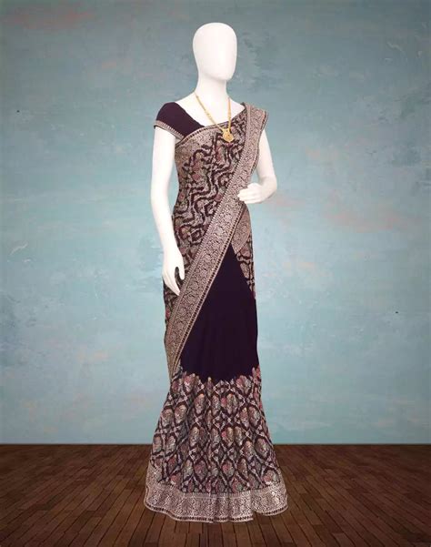 Wine Colour Embroidery with Stones work Georgette Saree – South India ...
