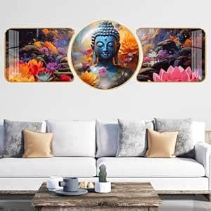 SAF Set of 3 Buddha paintings religious modern art Crystal Embedded ...