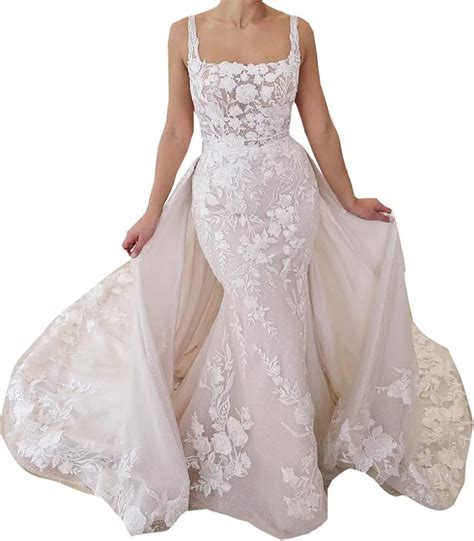 Boat Neck 2 Pieces Women Lace Aline Mermaid Ball Gown Wedding Dresses for Bride with Long ...