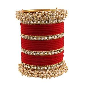 Buy I Jewels 18K Gold Plated Traditional Red Velvet Chuda Bangle Set ...