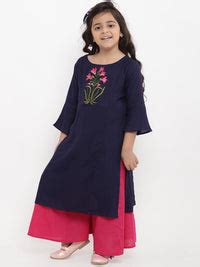 Buy Girls Blue Floral Embroidered Panelled Kurta With Palazzos for Kids ...