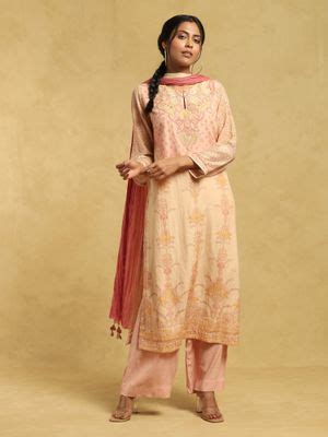 Buy Ritu Kumar Beige Printed Kurta with Palazzo and Dupatta (Set of 3 ...