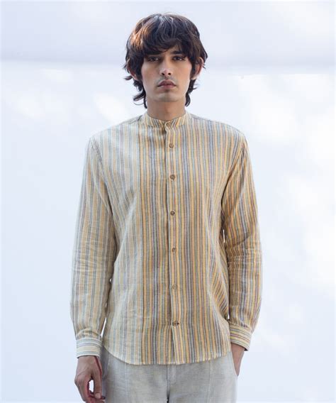 Yellow handcrafted cotton striped shirt with mandarin collar – GoSwadeshi