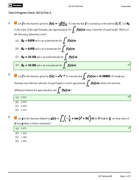 AP CALCULUS AB U6 Progress Check: MCQ Part A Scoring Guide - Studocu