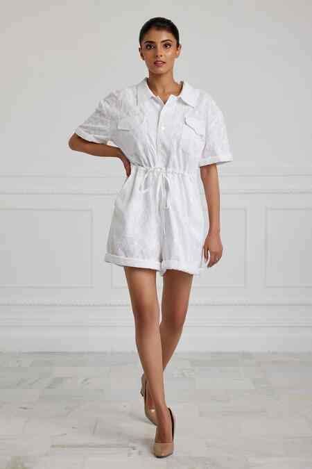 Buy White 100% Cotton Collared Self Patterned Playsuit For Women by ...
