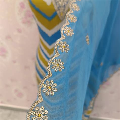 Festive Blue leharia Muslin - Mirror Highlighted V neck Concept ...
