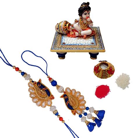 eCraftIndia Designer Bhaiya Bhabhi Rakhi Set with Laddu Gopal on Blue ...