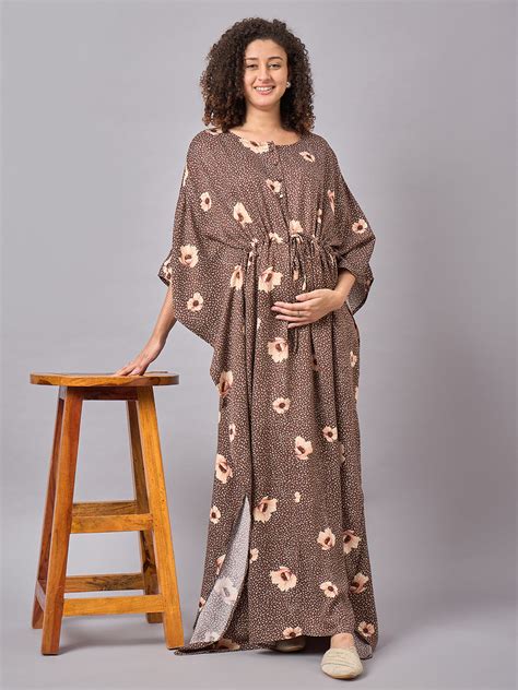 Brown Floral Printed Maternity & Nursing Long Kaftan Dress - Mine4Nine