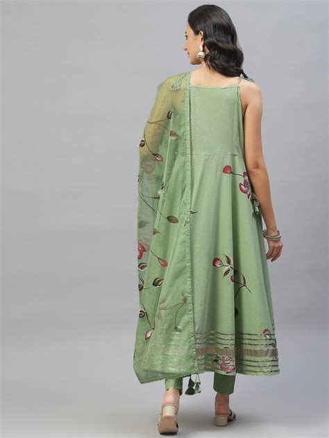 Divena Light Green Hand Painted Floral Anarkali Kurta Pant Set with Du ...