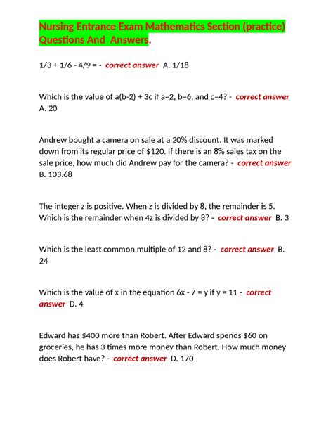 Nursing Entrance Exam Mathematics Section (practice) Questions And ...