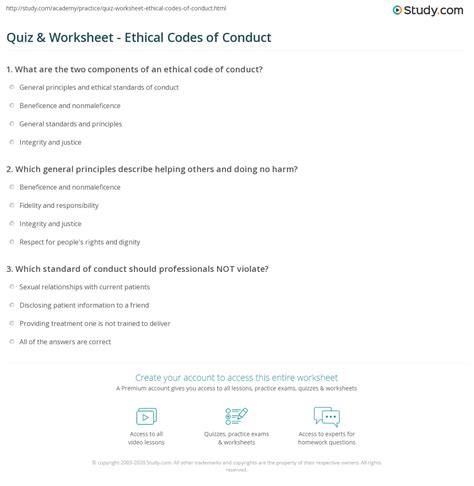 Quiz & Worksheet - Ethical Codes of Conduct | Study.com