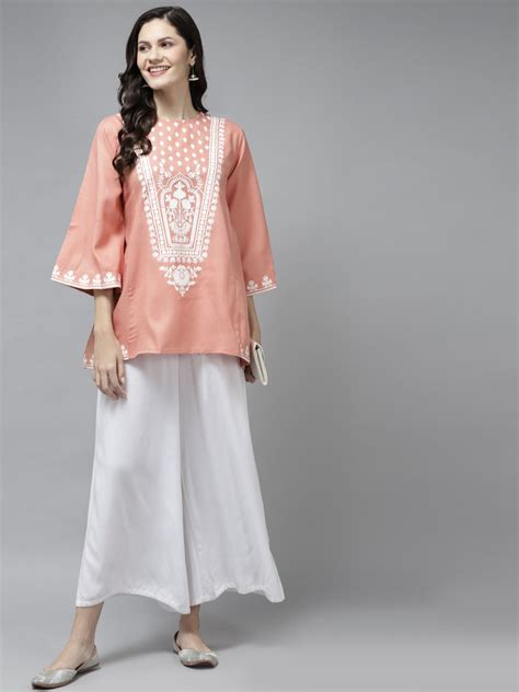 Shop Bhama Couture Peach-Coloured & White Printed A-Line Tunic Online