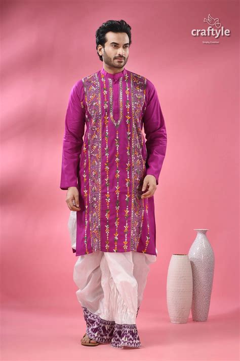 Deep Majenta Multithread Kantha Stitch Cotton Kurta – Craftyle