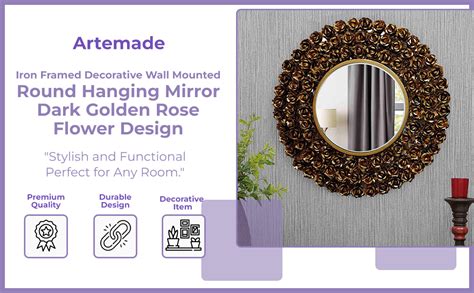 Artemade 60 cm Dark Golden Iron Framed Round Wall Mounted Mirror – Rose ...