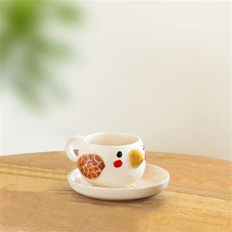 ExclusiveLane 'Pooky Bird' Hand-Painted Ceramic Tea Cup with Saucer ...