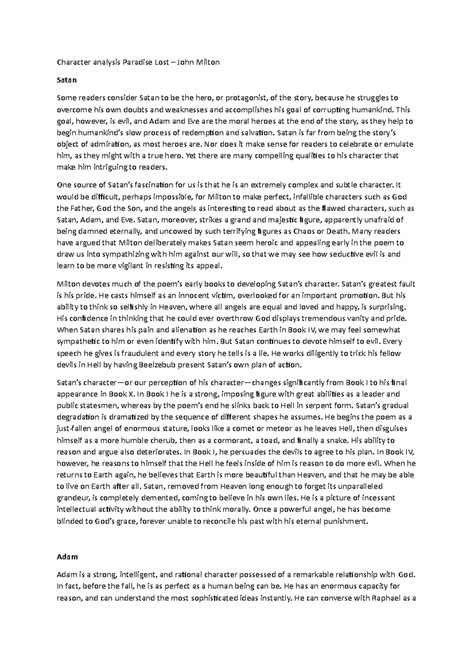 Character analysis Paradise Lost - This goal, however, is evil, and ...