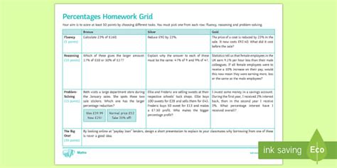 Homework Grid: Percentages Questions | KS3 Maths | Beyond