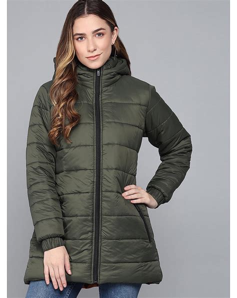 KOTTY Women Olive Nylon Full Sleeve Padded Puffer Jacket