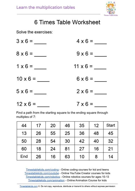 Image result for Free Printable 6 Times Table Worksheet