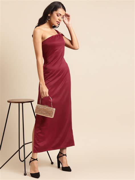Maroon One-Shoulder Satin Maxi Dress for Women | Elegant Party Gown ...