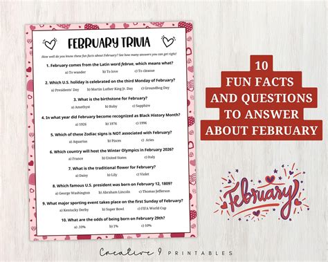 February Trivia Printable Game for Kids and Adults, 10 Fun Facts Quiz ...