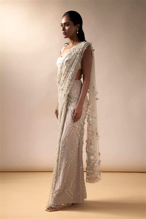 Sea Spray Saree With Stone Studded Satin Blouse (Nude) – Esha Sethi Thirani