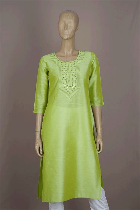 Round Neck Mirror Work Light Green Raw Silk Long Kurta – Sundari Silks