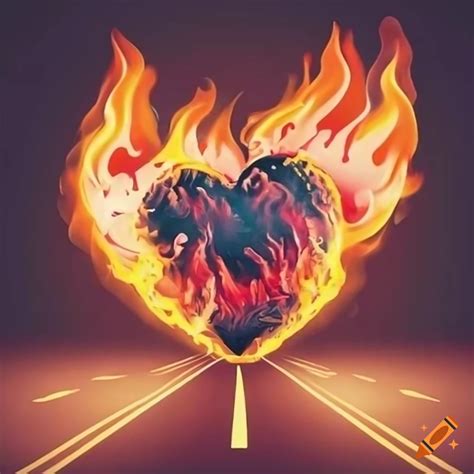 A tattoo of a large detailed heart surrounded by fire flames with an ...