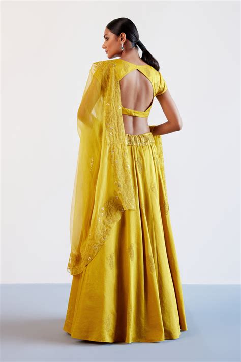 Devnaagri - Mustard Yellow Embroidered Cotton Silk Satin Lehenga Set
