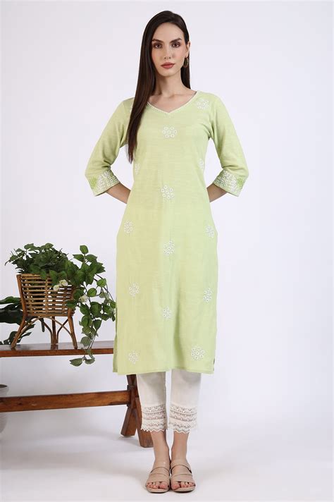 Buy Light Green Thread Embroidered Pure Cotton Straight Kurta Online ...
