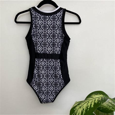 Zipper full coverage swimsuit with black & white... - Depop