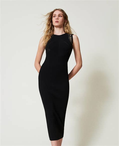 Long knit dress with lace Woman, Black | TWINSET Milano