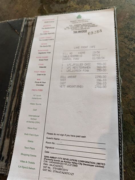 Menu at Lake front cafe, Aamby Valley, JCG2+49R